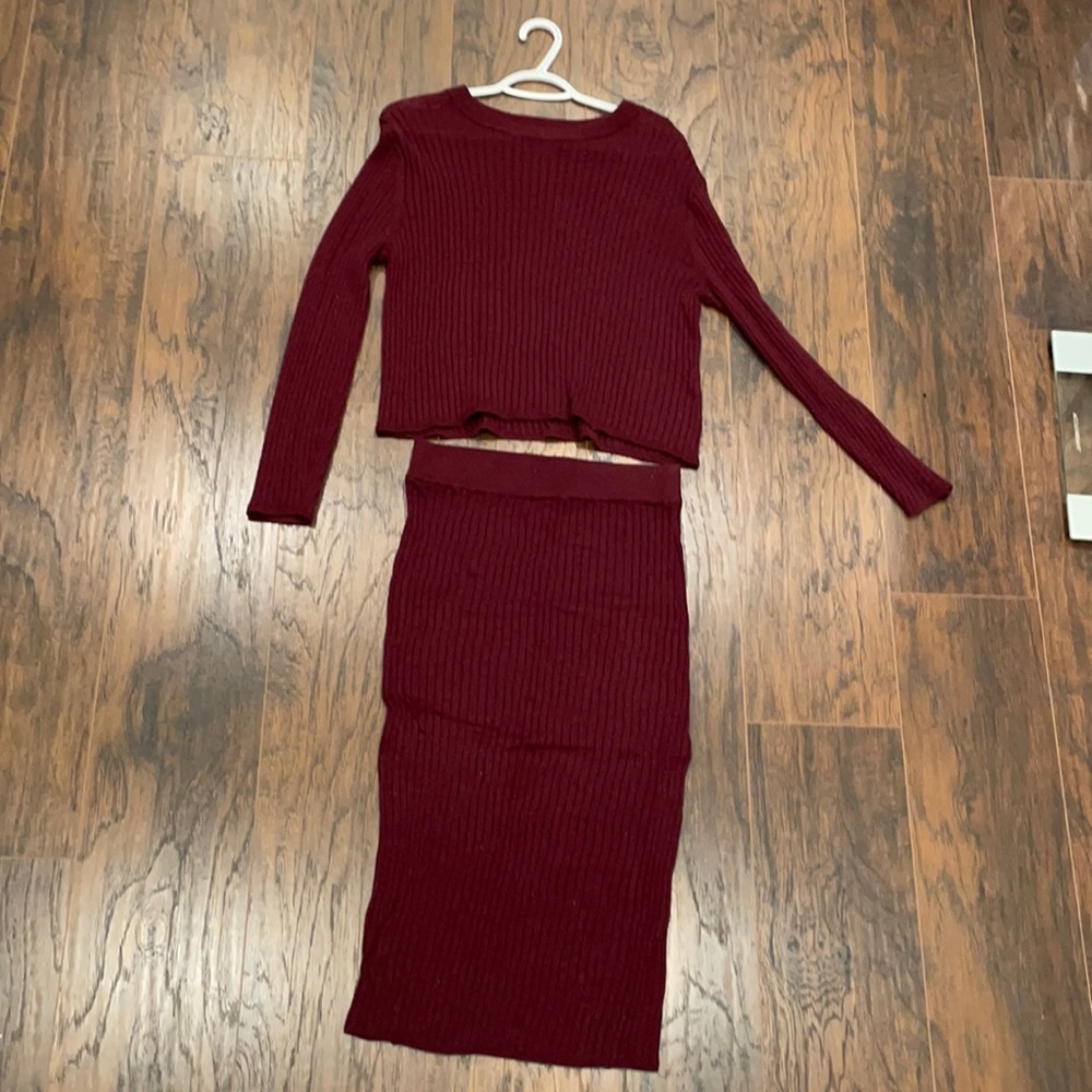 H&M kite sweater and skirt set in burgundy. Great for fall!